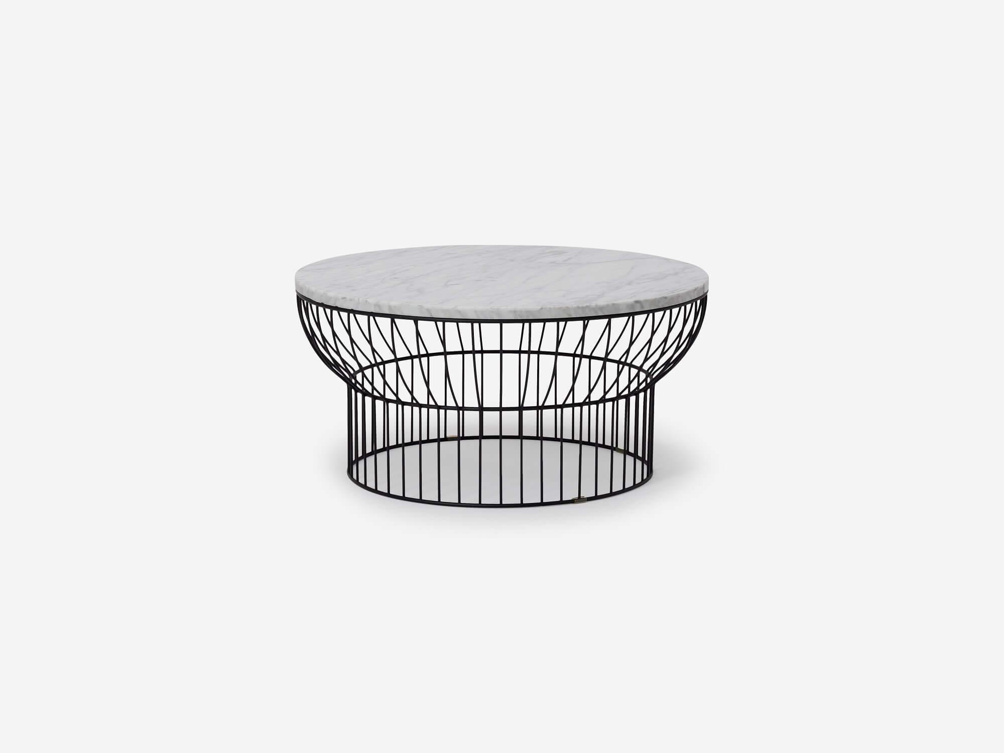 Front view of round black wire coffee table with marble top